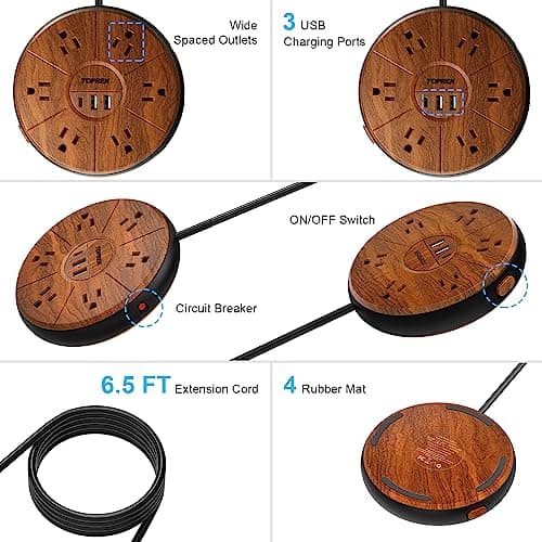 Power Strip with 20W USB-C, 6.5 FT Extension, 6 Outlets, 1 USB-C, 2 USB-A, TOPREK Surge Protector, Wood Desk Power Strip
