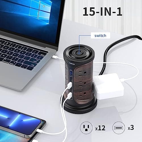 Wood Grain Surge Protector Power Strip, 4 Fixed Outlets, 3 USB Ports, 6.5 FT Cord, Surge Protection
