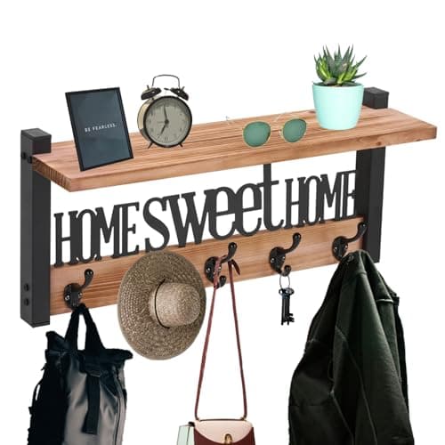 Rustic Wall Mounted Coat Rack with Hooks and Shelf