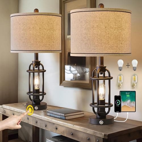 23.75" Industrial Black Metal Living Room Table Lamp Set of 2 Bedside Touch Lamps with USB