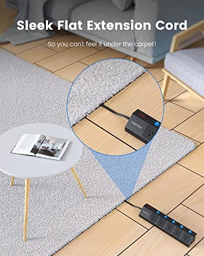 Flat Plug Power Strip with Individual Switches, 5-Outlet Surge Protector with 2 USB-C (20W PD) & 2 USB-A, 1700 Joules, Wall Mount for Home Office, Black