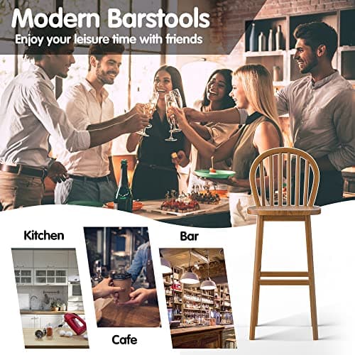 COSTWAY Windsor Bar Stools, 30 Inch Back With Footrest, Easy Assembly, Natural