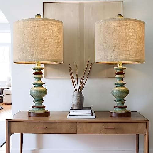 BOBOMOMO 20.5" Farmhouse Resin Side Table Lamp for Bedrooms & Living Room — 2 Pack Green