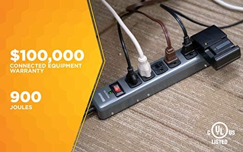 Metal Surge Protector with 6 Outlets and 3' Cord for 900J Protection, One Size, Black