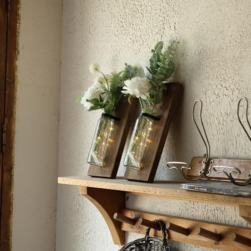 2 Pack Brown Wood Glass Wall Sconces for Living Room Hanging Vase