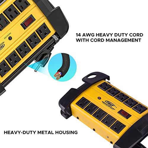CRST 10-Outlet Heavy Duty Power Strip with 15-Amp Surge Protector, 15-Foot Cord, ETL Listed (Yellow)