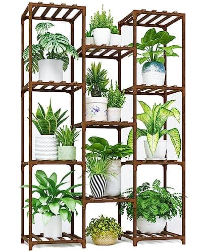 Bamworld Brown Wood Flower Stand for Multiple Plants Outdoor Indoor Living Room Patio Balcony Garden Decor — Brown-11 Pots