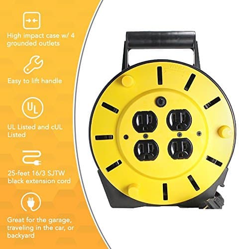 Woods Heavy-Duty 25ft 16-Gauge 3-Conductor Extension Cord Reel, 4-Outlets, 4907