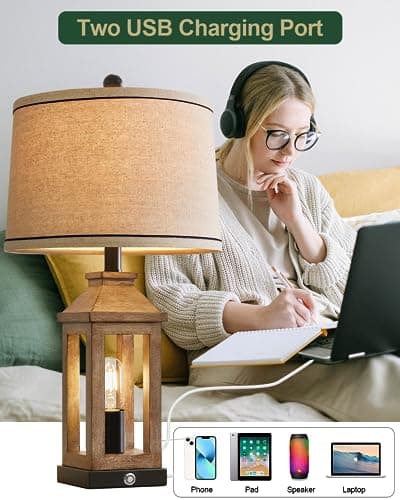 23.75" Vintage Modern Farmhouse Lamp with Touch Dimming & USB Ports for Living Room/Bedroom