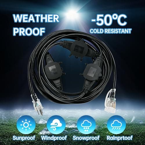 ETL Listed 20FT 16 Gauge Multi-Outlet Extension Cord, 4 Weatherproof Outlets, Ideal for Stage, Garden, & Christmas