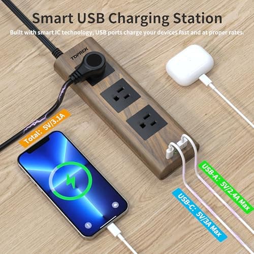 TOPREK 1800J Surge Protector Power Strip, 10 FT Thin Plug, 3 AC Outlets, 1 USB-C, 1 USB-A, Wood Finish