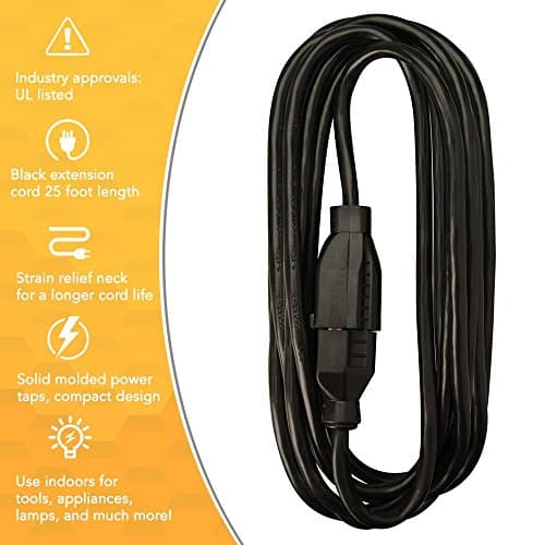 Office Extension Cord, 25Ft, 16 Gauge, 3-Conductor, Black