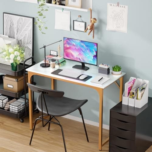 Modern Home Office Gaming Desk for Small Spaces, White Gold