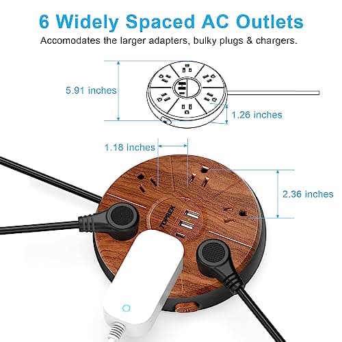Power Strip with 20W USB-C, 6.5 FT Extension, 6 Outlets, 1 USB-C, 2 USB-A, TOPREK Surge Protector, Wood Desk Power Strip