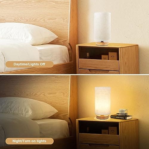 Minimalist Wood Base Small Bedside Lamp with Round Fabric Shade, Cozy Warm White Nightstand