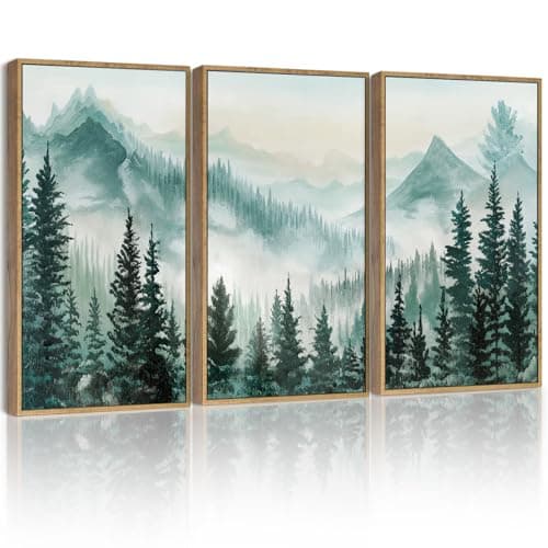 SHENIFY Green Fog Pine Tree Forest Canvas Art 11x14in Modern Framed Decor — Misty forests, Natural Framed