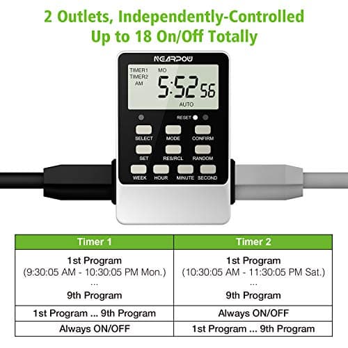 NEARPOW Dual Digital Light Timer, 18 Programs, 24/7 Programmable, 2 Outlets, 15A/1800W