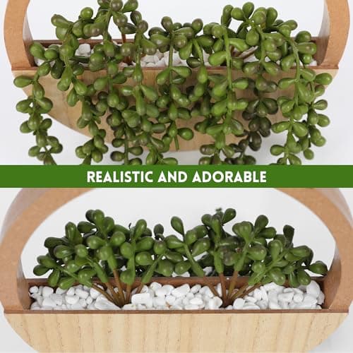 Floweroyal 2pcs Artificial Succulents Hanging Plants with 8.3'' Lanyard Pot Decor (Wood Color)
