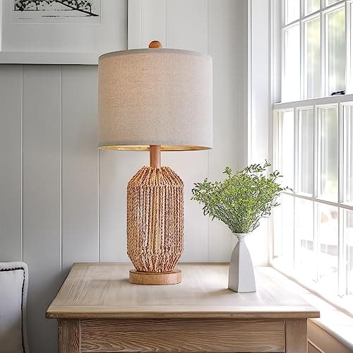 OYEARS 21" Boho Rattan Table Lamp for Living Room and Bedside, Brown, Retro Style