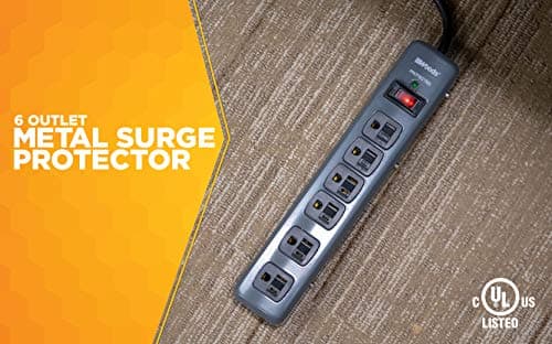 Metal Surge Protector with 6 Outlets and 3' Cord for 900J Protection, One Size, Black