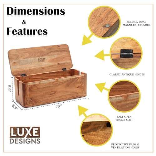 Acacia Wood Large Cable Management Box - Power Strip and Desk Cord Organizer