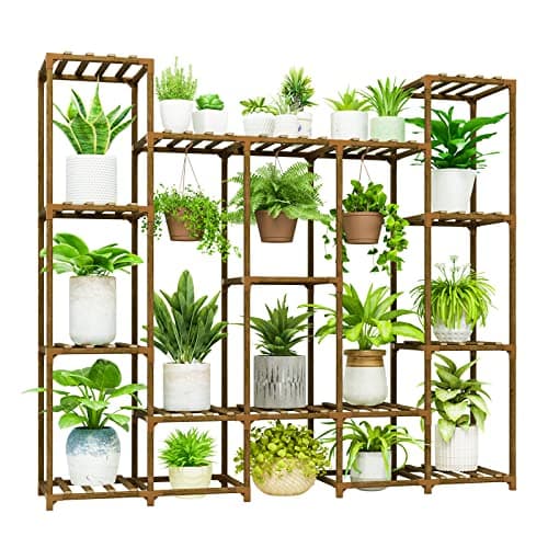 Bamworld Brown Wood Flower Stand for Multiple Plants Outdoor Indoor Living Room Patio Balcony Garden Decor — Brown-16 Pots