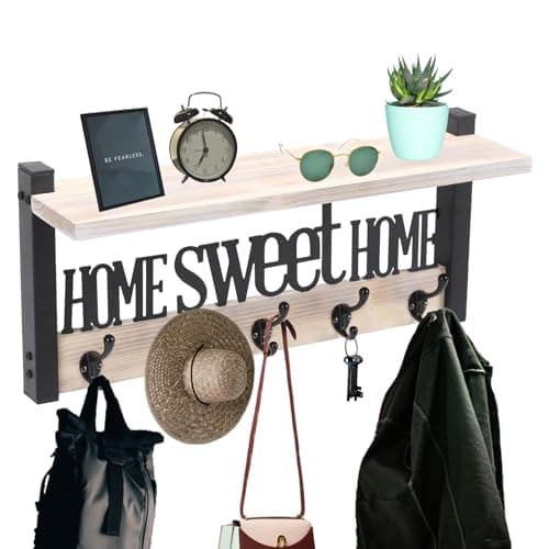 Rustic Wall Mounted Coat Rack with Hooks and Shelf — White