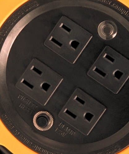 Retractable Extension Reel with 4 Outlets; Heavy Duty; Flame Resistant; 10A Circuit Breaker; 25 Ft; Yellow/Orange