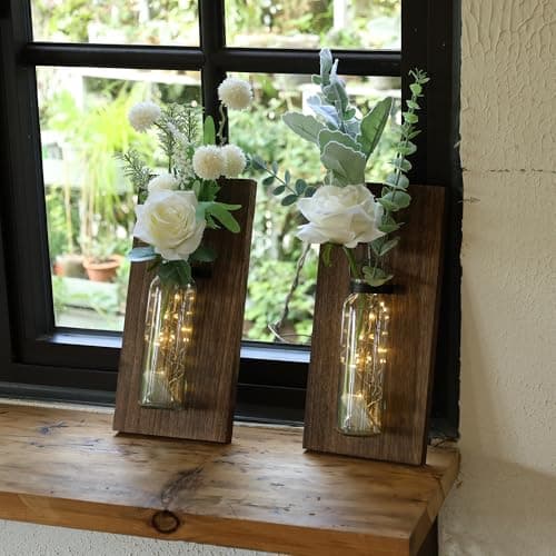2 Pack Brown Wood Glass Wall Sconces for Living Room Hanging Vase