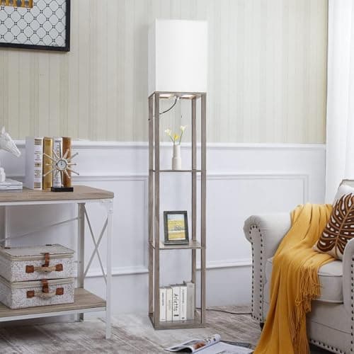 Rustic Wood Corner Floor Lamp with Shelves for Living Room and Bedroom Home Decor