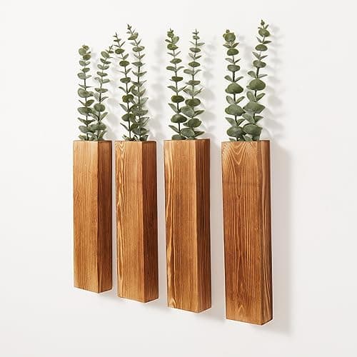 4-Pack Wood Wall Planters with Faux Eucalyptus - Modern Farmhouse Decor for Home Office and Living Room