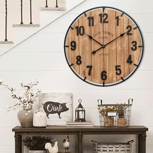 Rustic Antique Wood Wall Clock - Large 24 Inch Battery Operated Clock for Home and Office