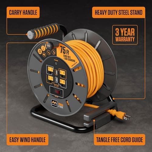 75ft Retractable Cord Reel with Safety Overload Protection and 4 Outlets, 2 USB Ports