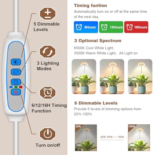 Full Spectrum 48 LED Grow Light, Height Adjustable with 3 Optional Spectrums and Auto Timer