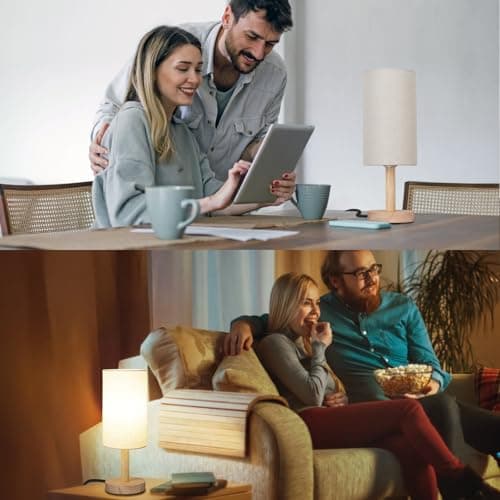 Linen Shade Small Table Lamp for Bedroom and Desk LED Included (Wood Base)