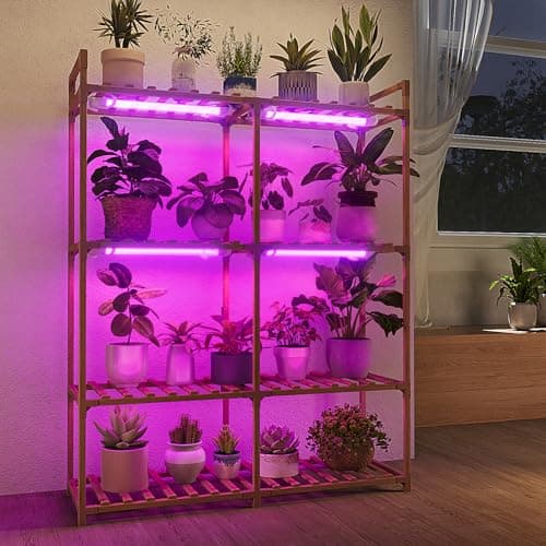 Bamworld Brown Wood Flower Stand for Multiple Plants Outdoor Indoor Living Room Patio Balcony Garden Decor — Purple Light-16 Pots