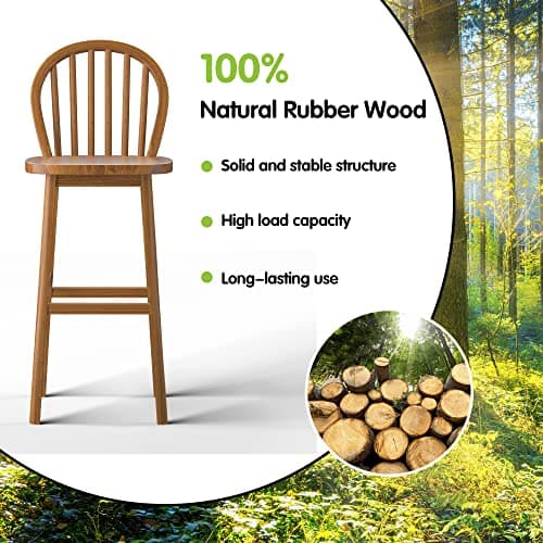 COSTWAY Windsor Bar Stools, 30 Inch Back With Footrest, Easy Assembly, Natural