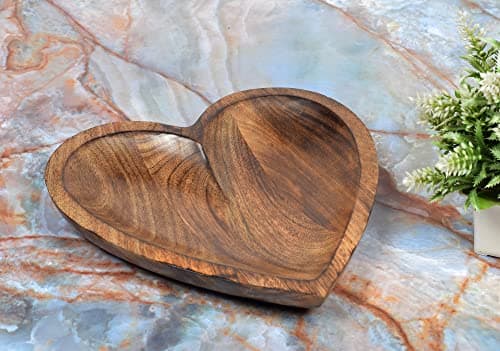 EDHAS Mango Wood Curved Heart Decorative Bowl for Table Centerpieces (10" x 10" x 1.5")