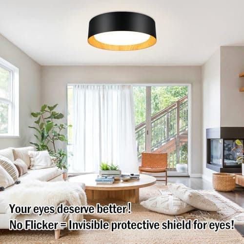 13in 250W Equivalent Dimmable 3CCT Adjustable LED Flush Mount Ceiling Light, Black & Wood