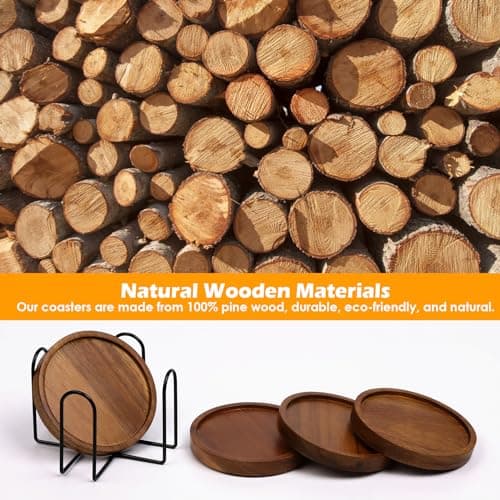 4 Pcs Absorbent Wooden Coasters with Holder for Table Protection