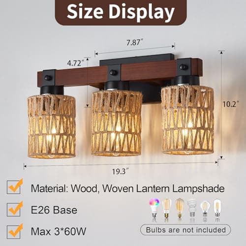 Rustic Farmhouse Wood Vanity Light, Handmade Bamboo Woven Basket Shade