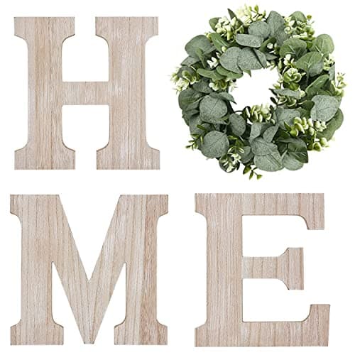 Black Wood Home Sign with Artificial Eucalyptus Wreath for Wall Decor — Natural