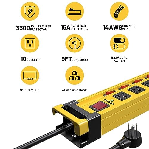 3300J Surge Protector Power Strip, 10 Outlets, Heavy Duty Metal Construction