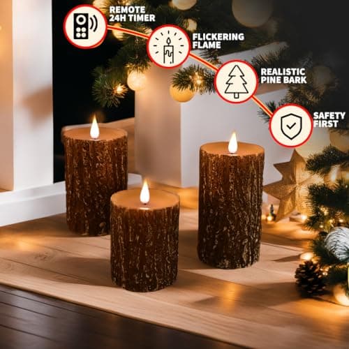 Niceme Real Wax Flameless Pine Bark Candles Set of 3 with Remote Timer