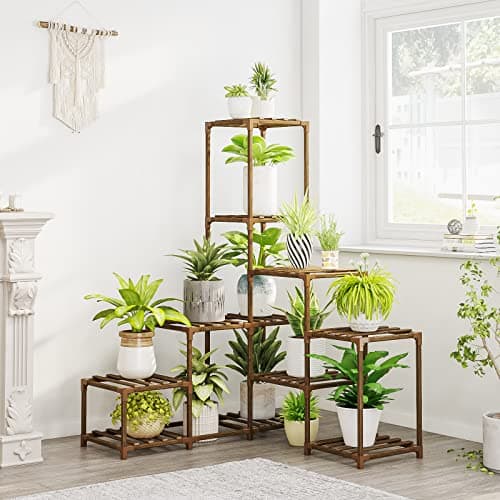 Bamworld Brown Wood Flower Stand for Multiple Plants Outdoor Indoor Living Room Patio Balcony Garden Decor — Brown-13 Pots