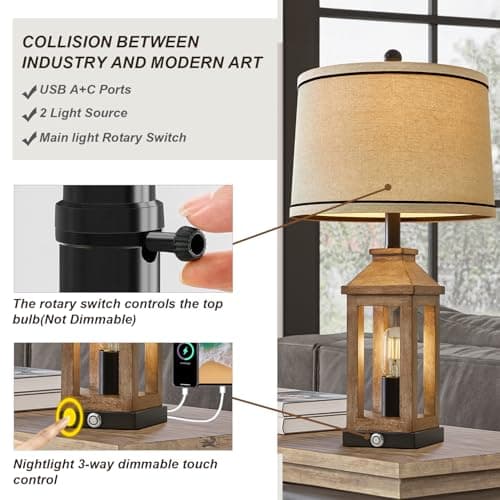 23.75" Vintage Modern Farmhouse Lamp with Touch Dimming & USB Ports for Living Room/Bedroom