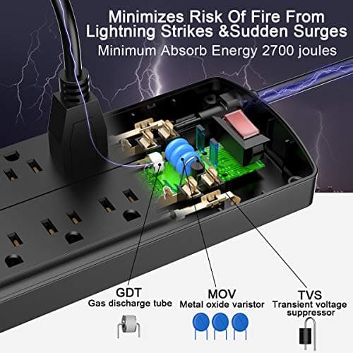 ALESTOR 12-Outlet Surge Protector with 4 USB Ports, 6 Feet Black Extension Cord
