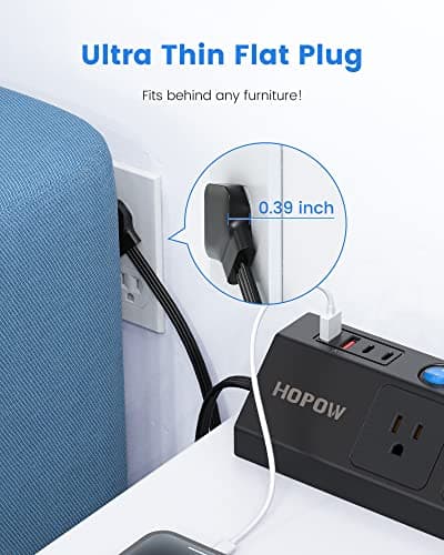 Flat Plug Power Strip with Individual Switches, 5-Outlet Surge Protector with 2 USB-C (20W PD) & 2 USB-A, 1700 Joules, Wall Mount for Home Office, Black
