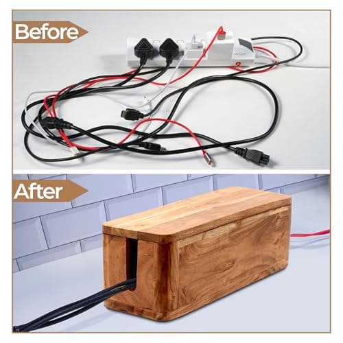 Acacia Wood Large Cable Management Box - Power Strip and Desk Cord Organizer