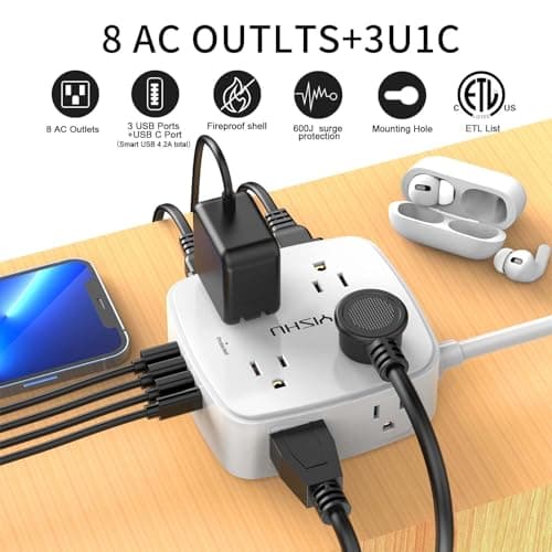 6 Ft Wall-Mount Surge Protector with 8 Outlets & 4 USB Ports, Extender Included, ETL Listed, White